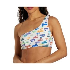 Puma Cream One-Shoulder Bikini Top with Multicolor Logo NWT SIZE SMALL
